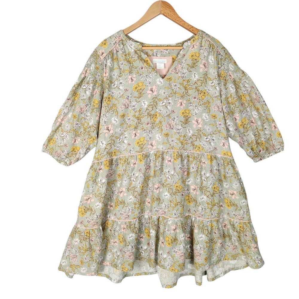 Cynthia Rowley Dress XL Green Floral Linen Blend Tiered Smocked Cottagecore